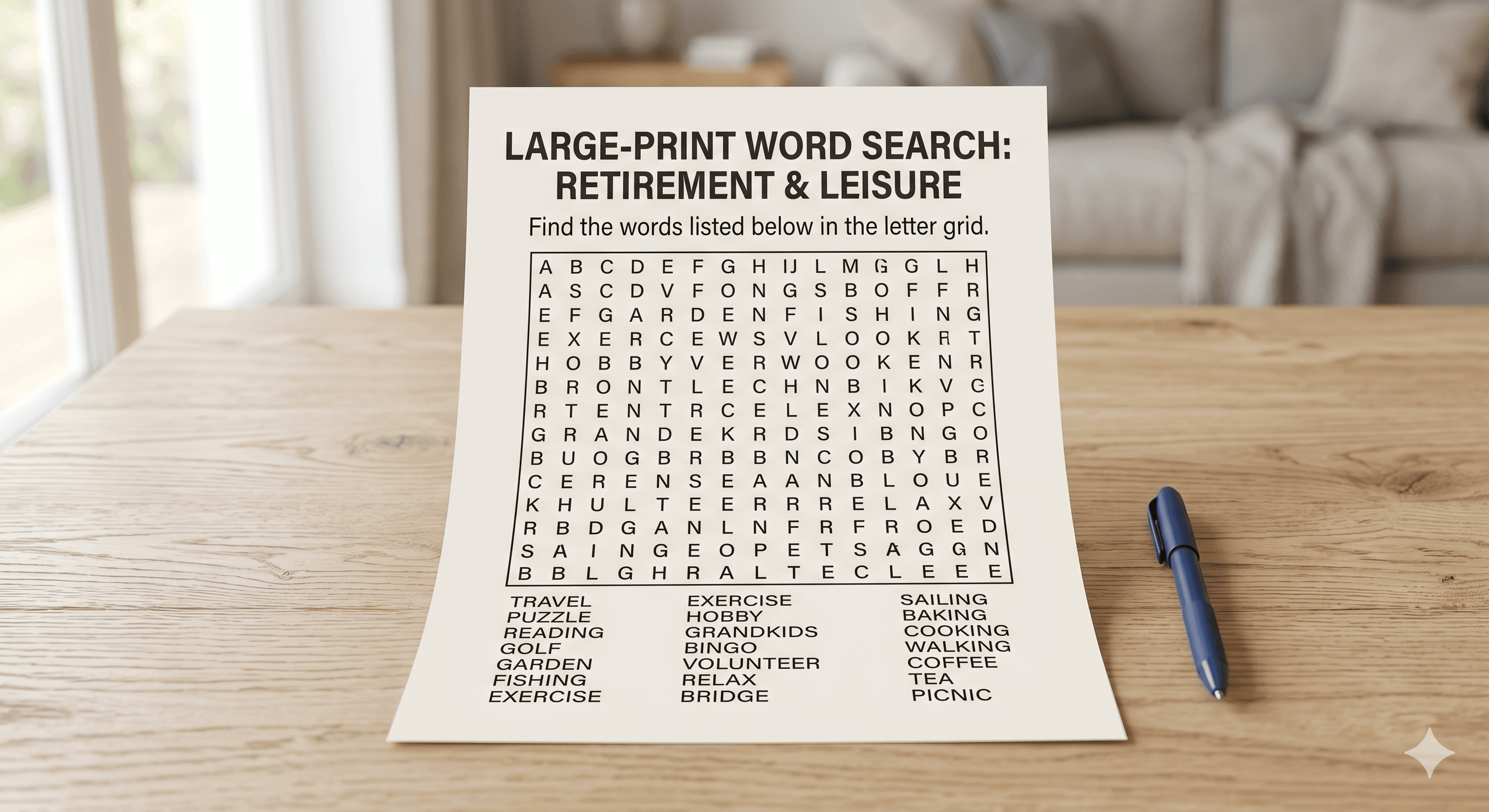 Large-print word search puzzle printed on paper, ready for seniors to complete