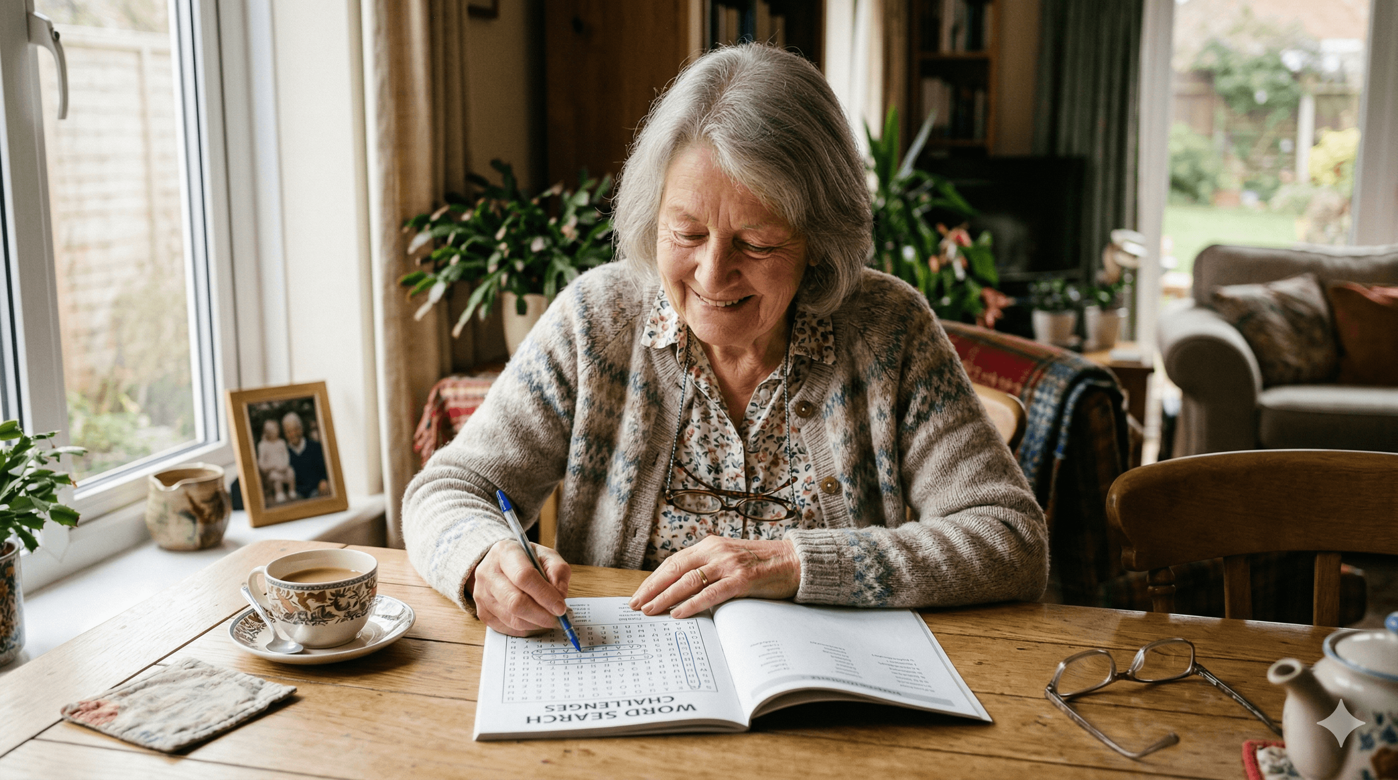 Senior woman smiling while doing a puzzle — brain health and memory tips