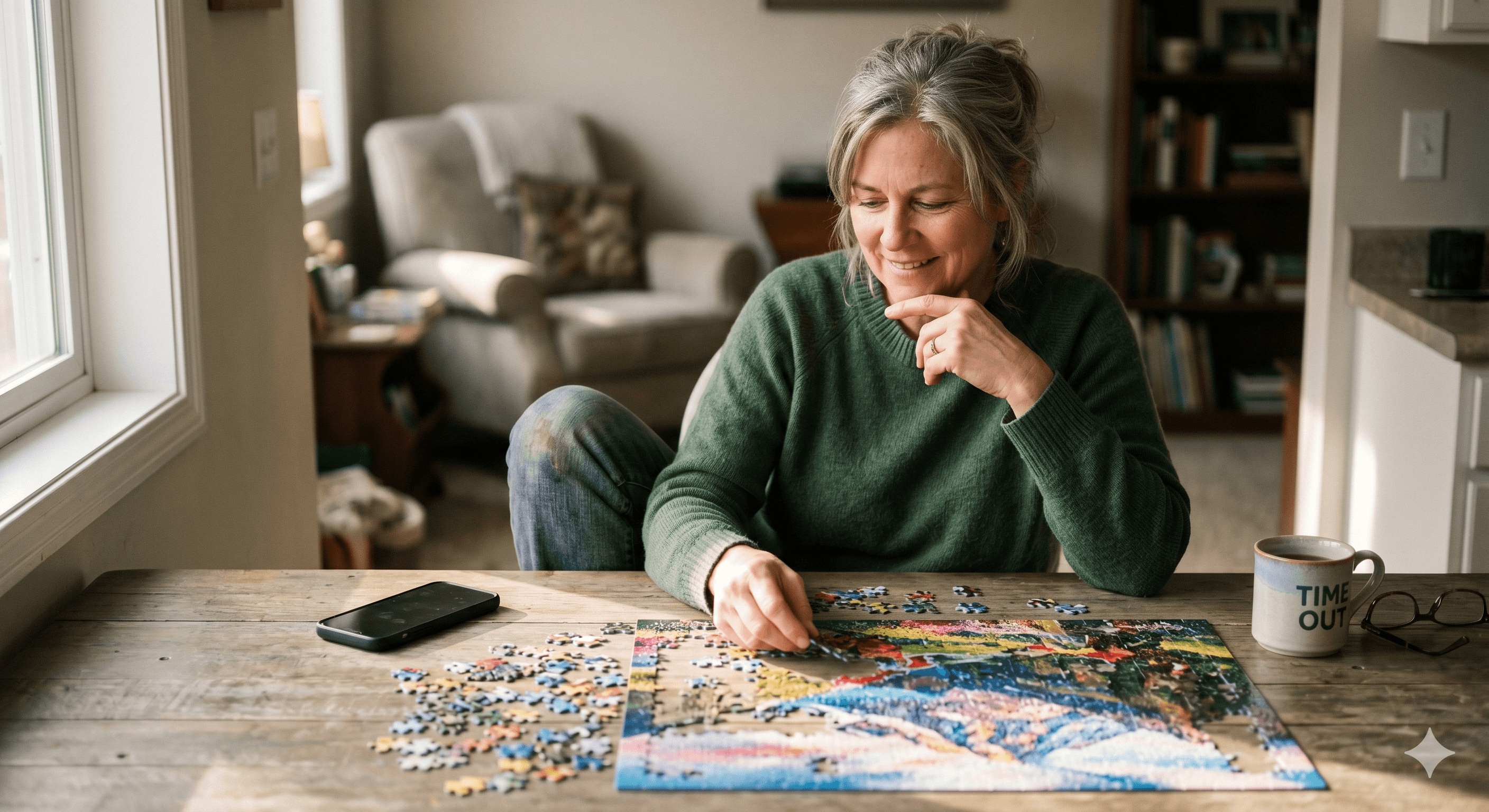 Person relaxing with a puzzle instead of a phone — stress relief through focused brain activity